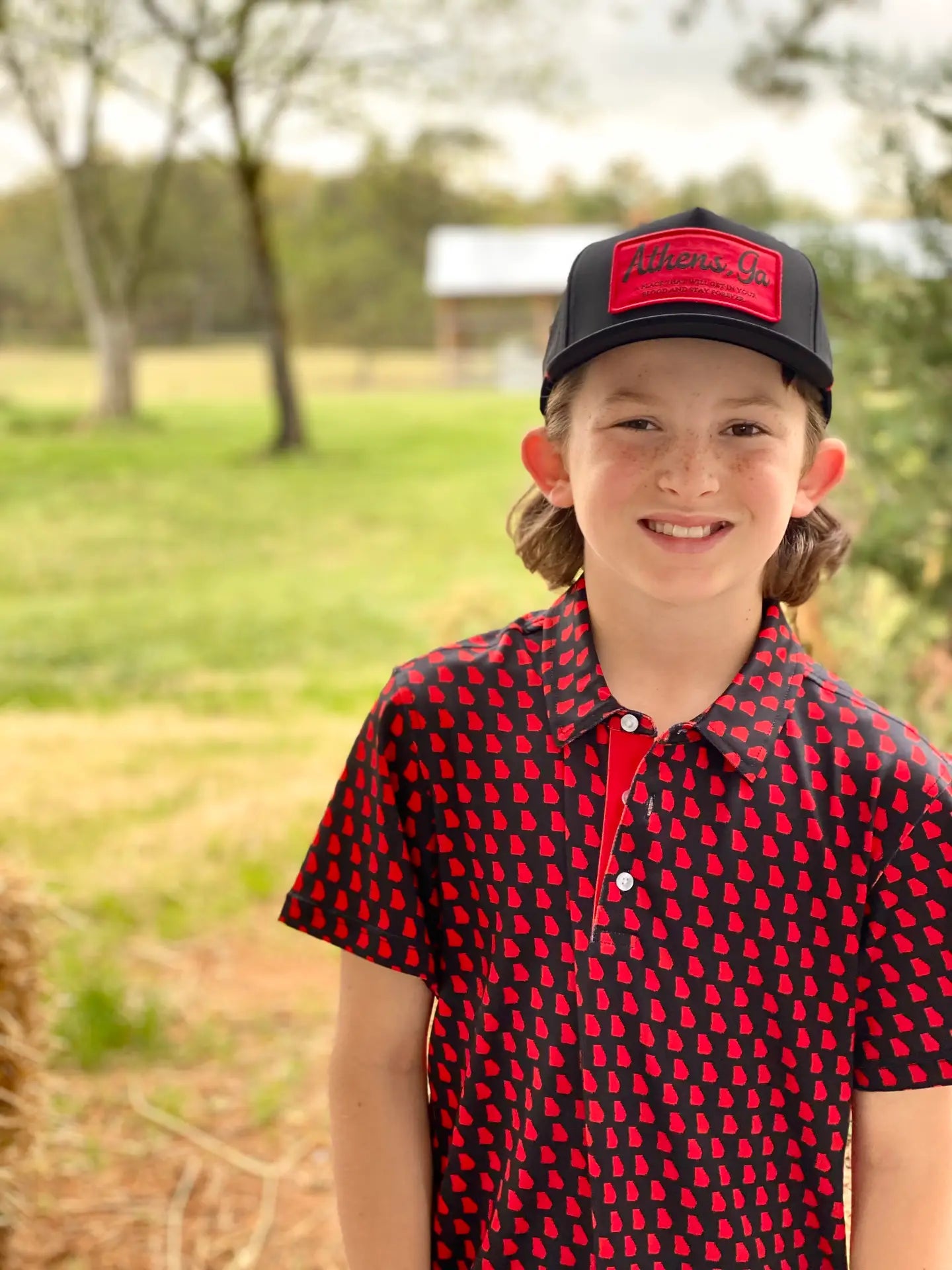 Happy by Rachel Athens Red/Blk Youth Polo Gameday