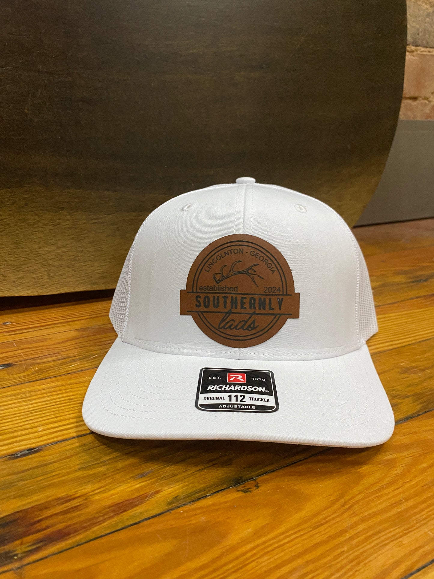 White Trucker Hat with Brown Leather Patch