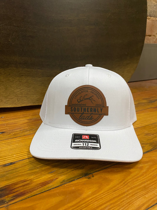 White Trucker Hat with Brown Leather Patch