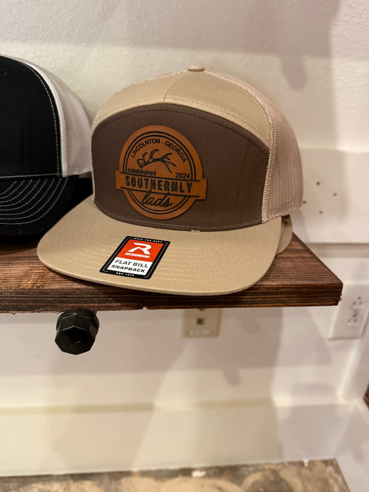 Southernly Lads Leather Patch 7 Panel Hat- Brown and Khaki