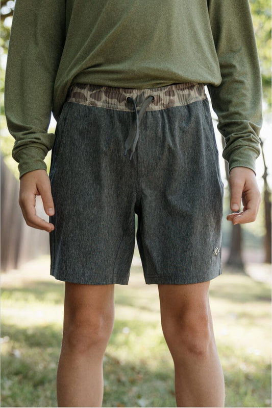 Youth Grizzly Grey Athletic Shorts- Deer Camo Liner